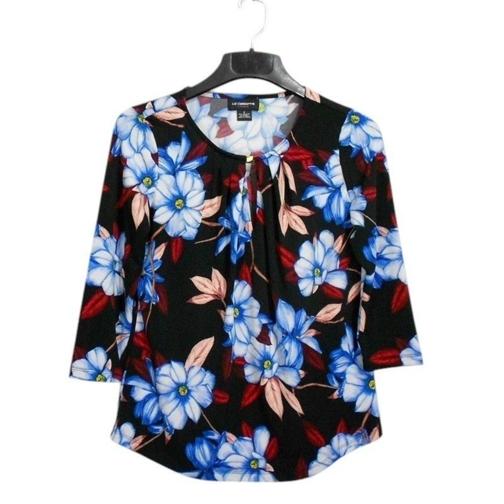 Liz Claiborne Womens Top Small Black Round Keyhole Neck 3/4 Sleeve Floral Print